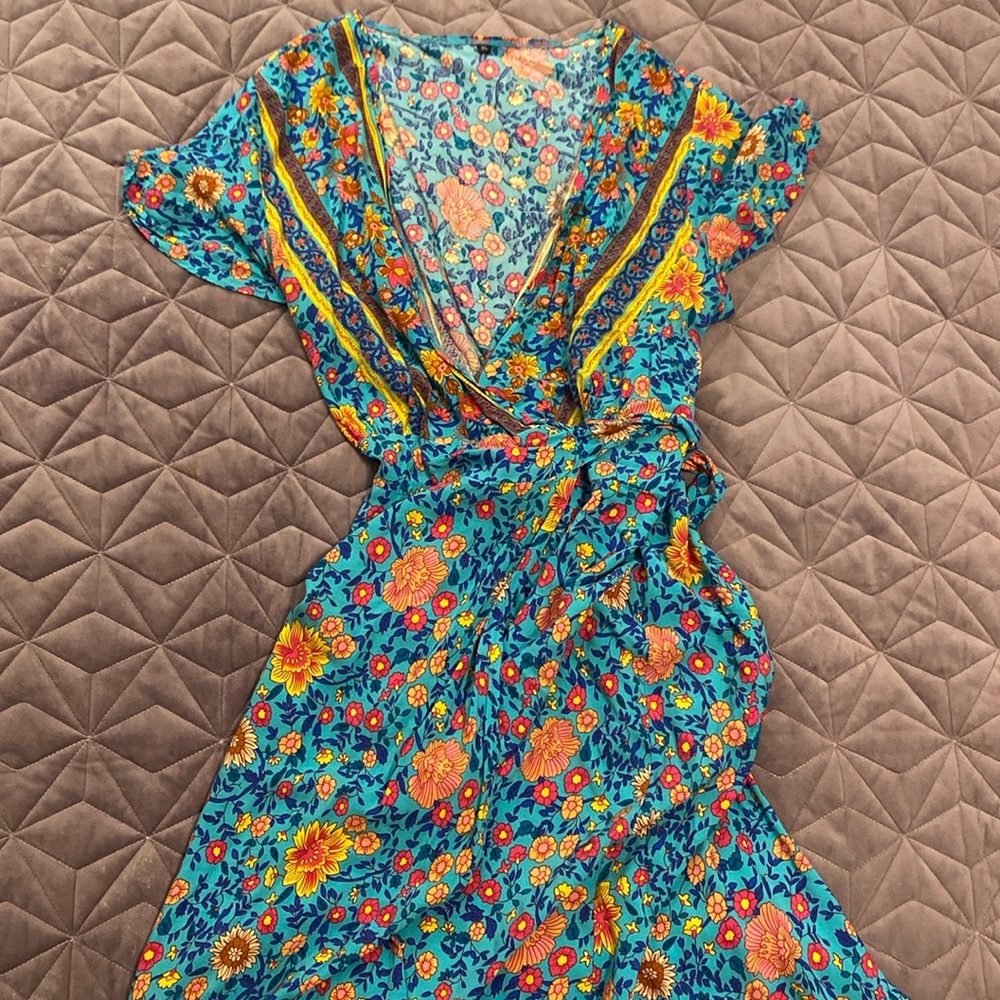 Turquoise floral print wrap maxi dress, size XL